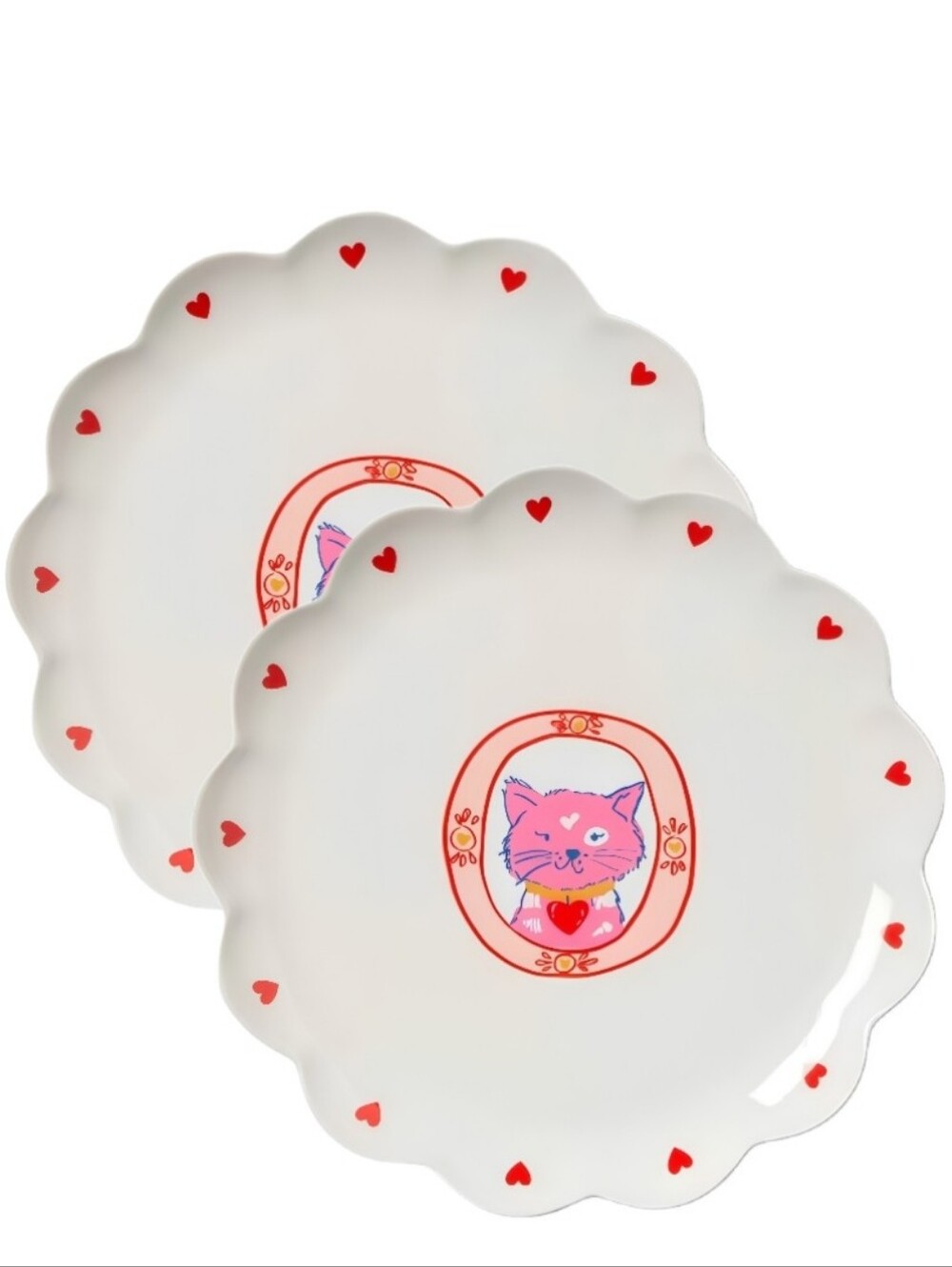 Pillowfort - Set Of 2 - Cute Pink Cat Dinner Plate with Heart Accents
